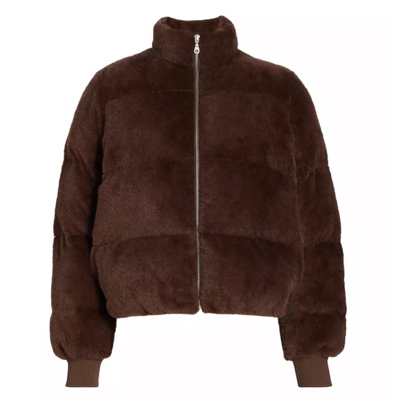STINE GOYA Aria Fleece Puffer Jacket Dark Brown Faux Fur Coat Size Large - Picture 1 of 16